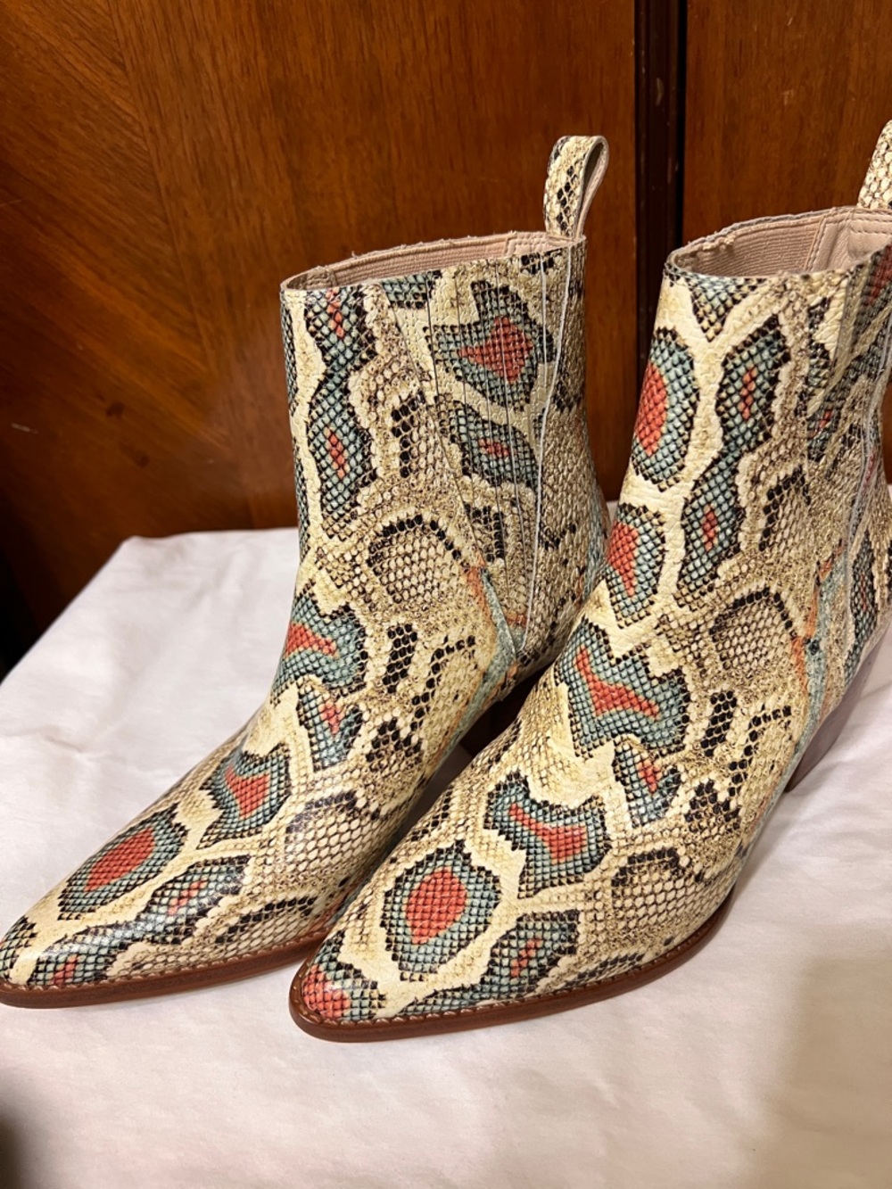 Matisse Snake-Print Ankle Boots in Cream, Red & Teal - Picture 3 of 14